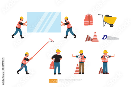 Construction Builder or worker character set. Renovation and construction vector illustration