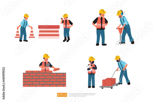 Construction Builder Character Set. installs fencing warning cones on road, worker drills road surface with jackhammer, Building Brick Wall, Carrying Brick. Vector Illustration of Construction Worker