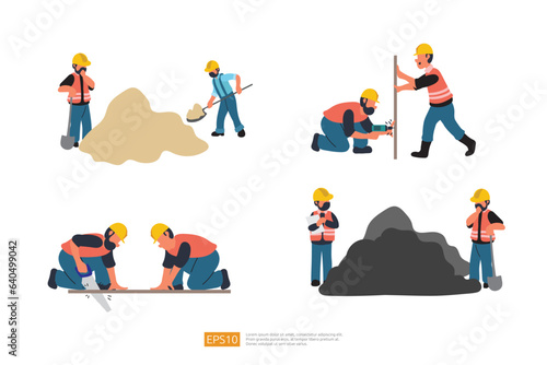 Construction Builder Character Set. digging sand Material with Shovel, Hand Drill work, saws a board with a hand saw. Vector Illustration of Construction Worker