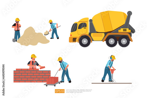 Construction site. Mixer cement truck heavy vehicle and Builder or worker set. Drilling with Jackhammer, Building Brick Wall work. Vector illustration in flat style.
