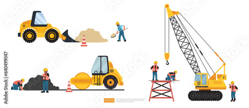 Construction site. bulldozer, lifter crane vehicle, road roller. heavy equipment and Builder or worker set. Vector illustration in flat tyle. photo
