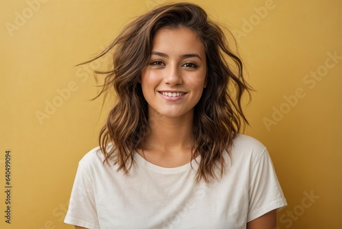 Funny young brunette woman girl in white t shirt posing isolated on yellow wall background studio portrait. People sincere emotions lifestyle concept. Mock up copy space