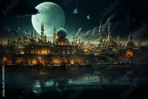 Mawlid al-Nabi minarets against the night sky background with copy space
