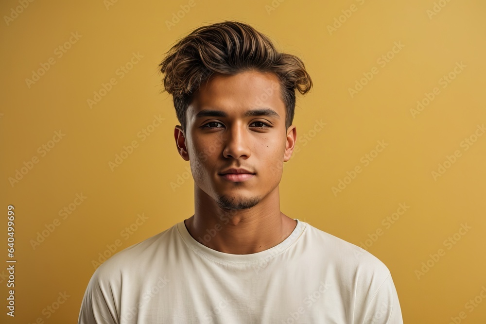 Fototapeta premium Young man in white t-shirt posing isolated on yellow wall background studio portrait