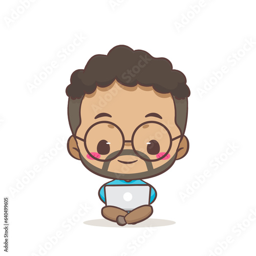 Cute father working on laptop cartoon character. African man wearing glasses concept design. Flat chibi cartoon style. Vector art illustration. Isolated white background