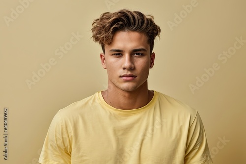Young man in yellow t-shirt posing isolated on yellow wall background studio portrait