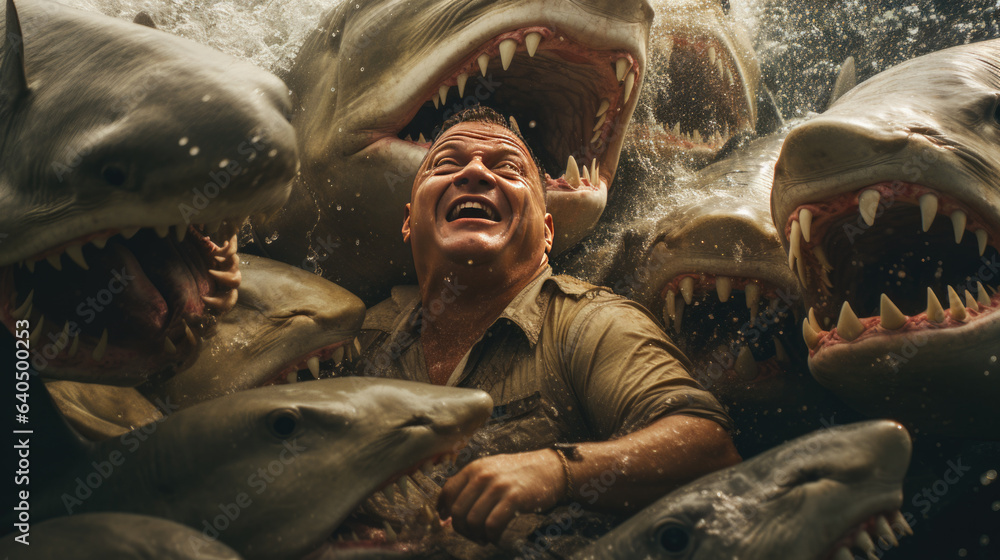 a man screaming in the water surrounded by sharks. - obrazy, fototapety, plakaty 