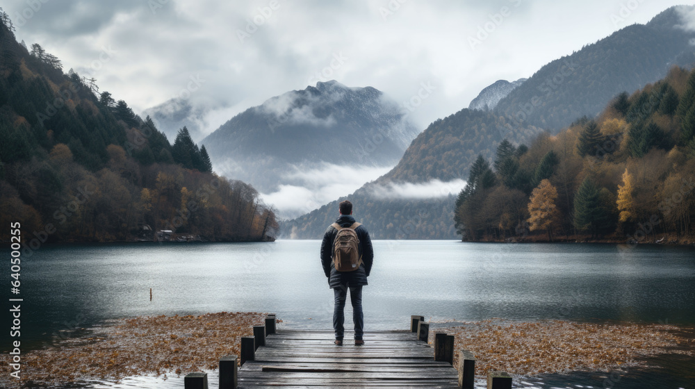 a man stands on a jetty at a lake and looks out to sea.