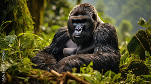 a gorilla sits among green plants in the jungle.