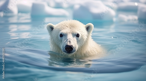 a small polar bear (Ursus maritimus) in the water.