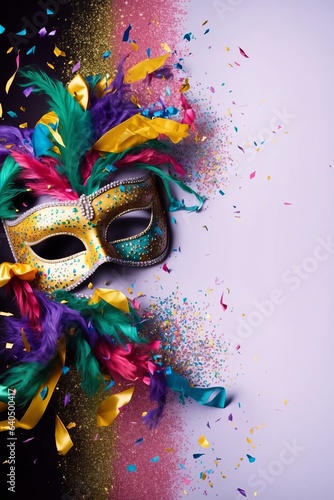 colorful mask on a white background with confetti, holidays circus, carnival