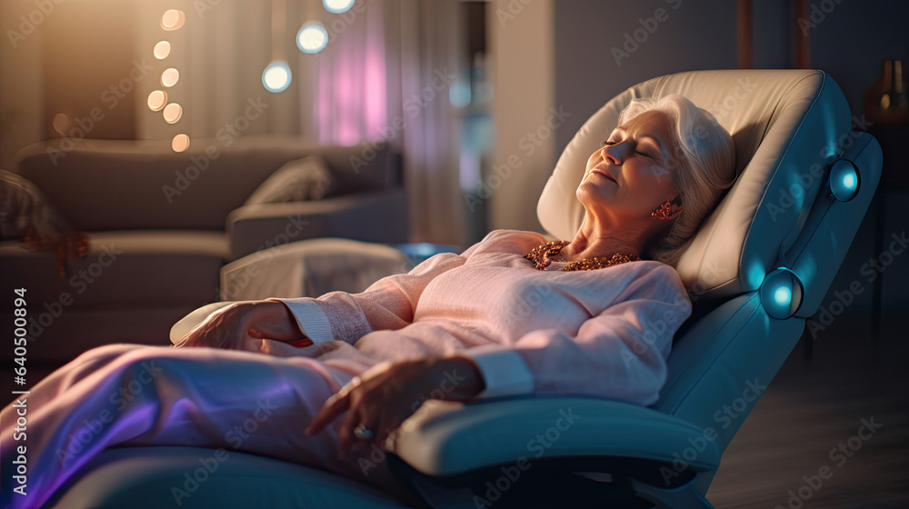 Obraz premium A senior woman is relaxing on her massage chair in the living room while napping. electric massage chair. Generative Ai