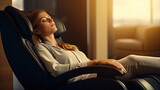 A businesswoman is relaxing on her massage chair in the living room while napping. electric massage chair. Generative Ai