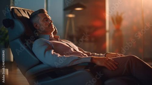 A businessman is relaxing on her massage chair in the living room while napping. electric massage chair. Generative Ai