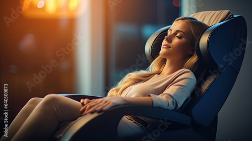 A businesswoman is relaxing on her massage chair in the living room while napping. electric massage chair. Generative Ai photo