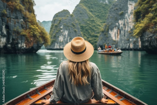 Serene Boat Travel: Woman's Tranquil Voyage Through Asian Waters 