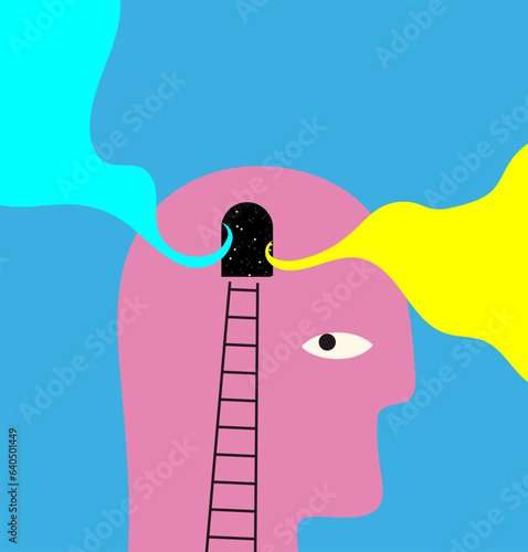 Vector illustration. The concept of the inner world. Head with stairs and arch.
