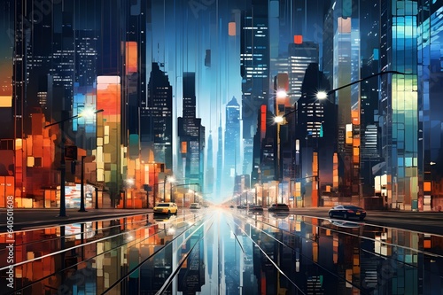 A illustration of a City Skyline at Night with Geometric Forms and Colors  A Creative and Artistic Reimagination