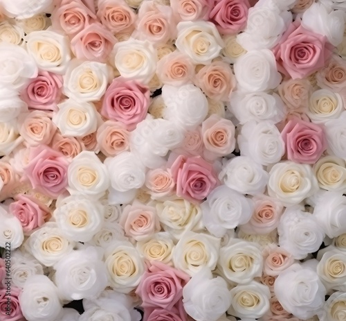 A wall of white and light pink rose buds as background. Wedding background, Abstract web page banner. Copy space.