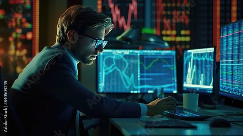 A financial analyst is monitoring the laptop market charts, with charts and diagrams flashing on the notebook screen