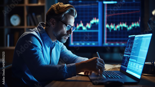 A financial analyst is monitoring the laptop market charts, with charts and diagrams flashing on the notebook screen