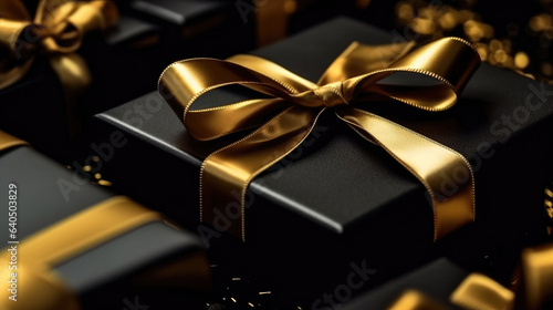 Close-up of Black and gold ribbon and black gift box, black friday concept © didiksaputra