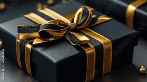 Close-up of Black and gold ribbon and black gift box, black friday concept