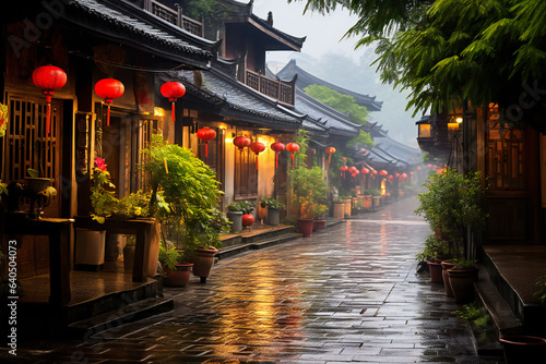 Old chinese town with narrow streets in a rainy day
