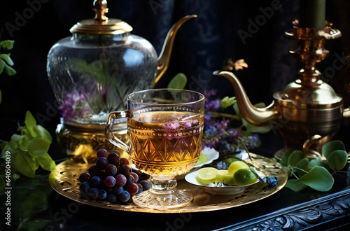 A cup of tea with green leaves around