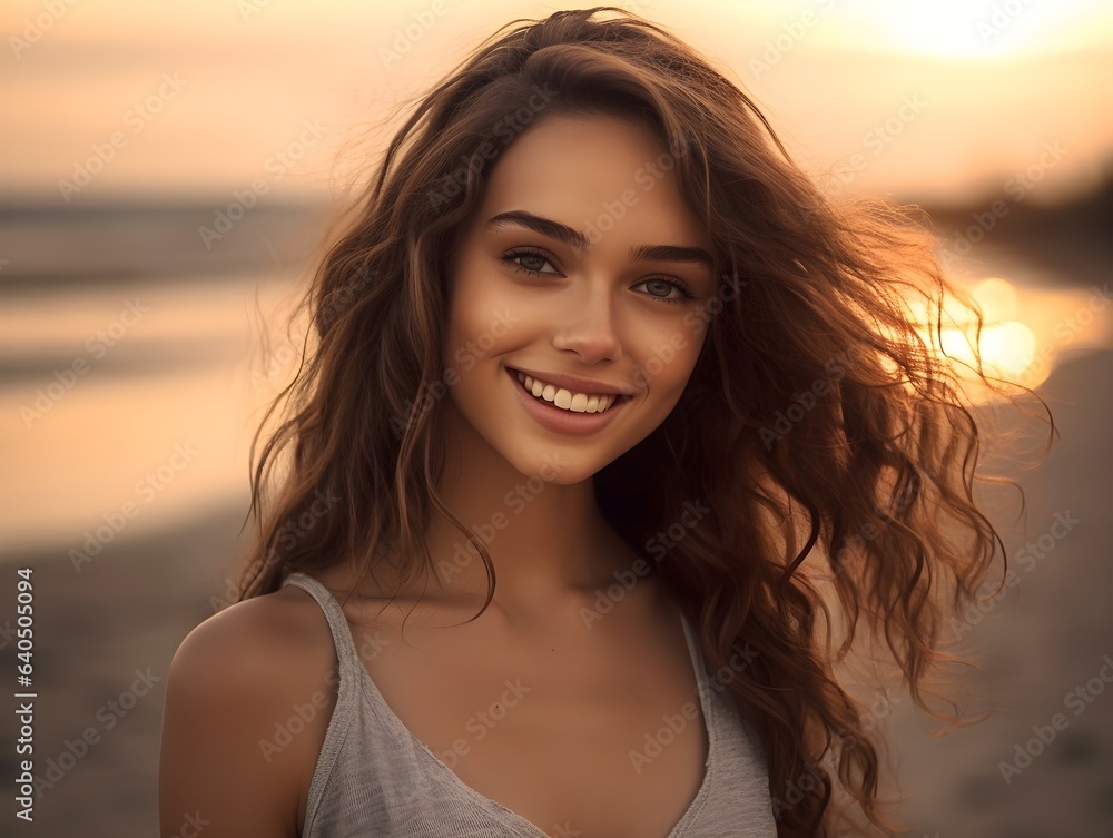 Smiling young woman in beachwear enjoy sunset at beach. Satisfied beautiful girl with hair relaxing at beach during sunrise with copy space.
