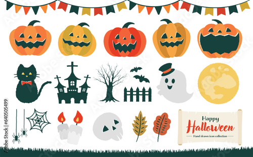 秋のおしゃれ手描き風かぼちゃハロウィン・ハロウィーンパンプキンベクターアイコン素材コレクション_緑