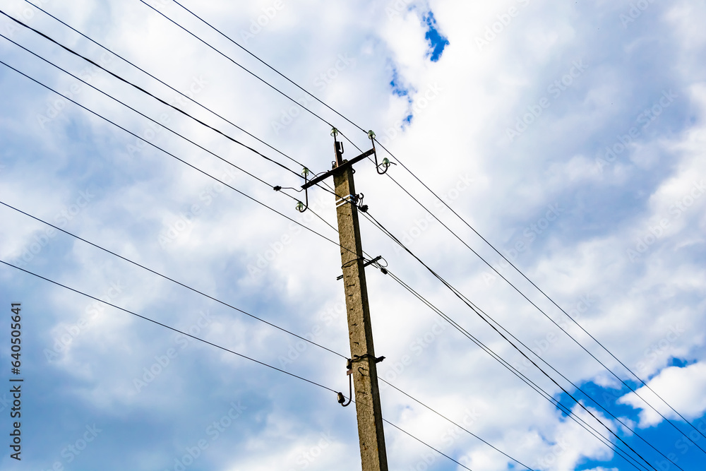 Power electric pole with line wire on colored background close up Power electric pole with line wire on colored background close up