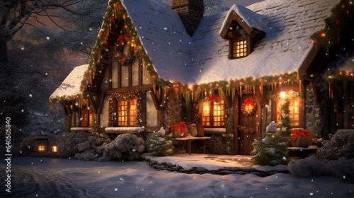 Illustration, AI generation. A Christmas cottage decorated for the holiday. © MaskaRad