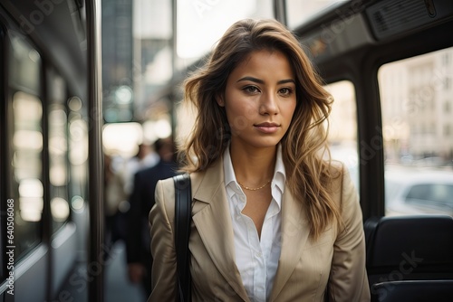 A young businesswoman commuting to work in the city