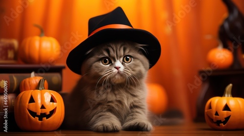 a photograph of cute Scottish Fold cat use witch hat for halloween celebration generative ai © Leaf