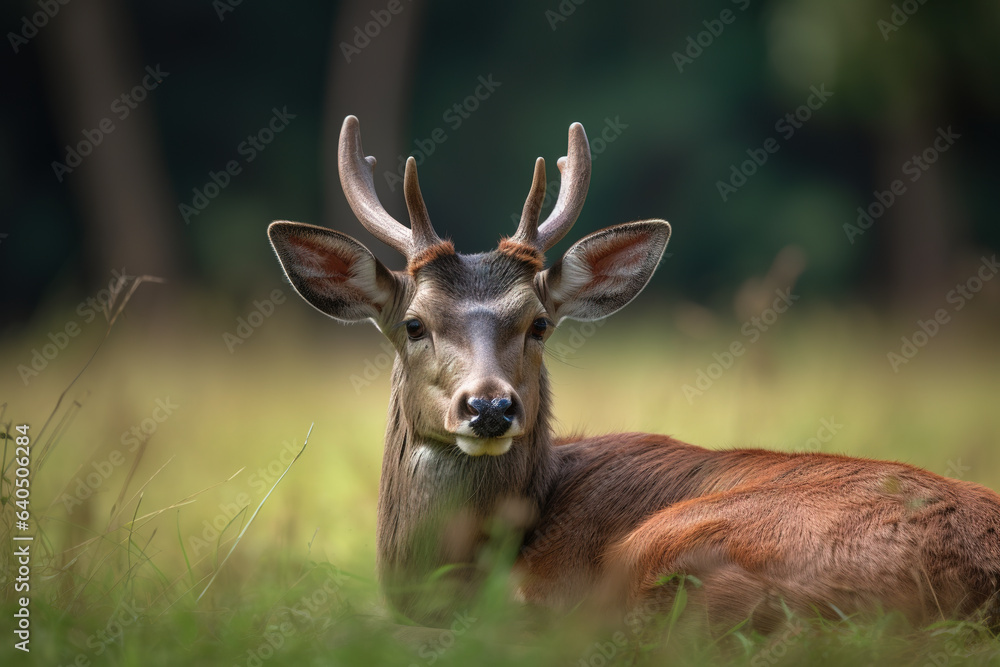 Image of sambar deer resting on green pasture grass on summer. Wildlife Animals. Illustration. Generative AI. Image of sambar deer resting on green pasture grass on summer. Wildlife Animals. Illustration. Generative AI.