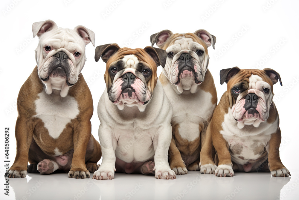 Obraz premium Image of group of bulldogs on a white background. Pet. Animals. Illustration, Generative AI.