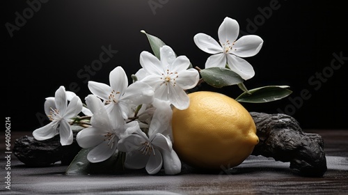 Summer fruit and flower setting with ripe fruits and white flowers, wild berries, lemons, with green leaves on a dark color background. Generative Ai 