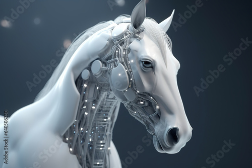 A white horse that is a futuristic machine of the future world. Wildlife Animals. Illustration, Generative AI.