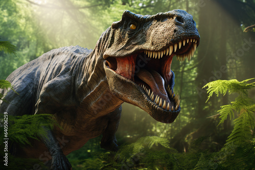 Image of an angry tyrannosaurus rex in the fertile forest. Mythical creatures. Illustration  Generative AI.