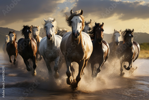 Image of herd of wild horses is running. Wildlife Animals. Generative AI. Illustration.