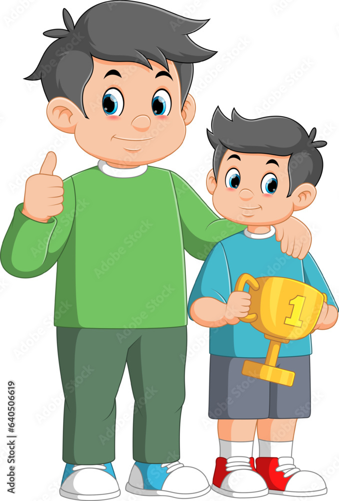 young dad congratulate his son who win first place trophy at study competition young dad congratulate his son who win first place trophy at study competition