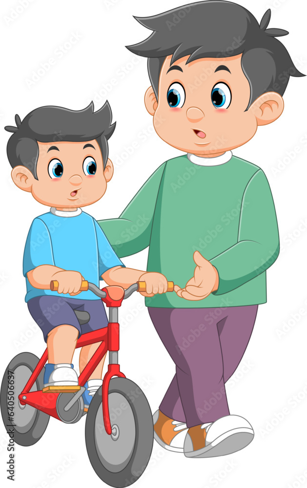 Boy learning to ride a bicycle with his father Boy learning to ride a bicycle with his father
