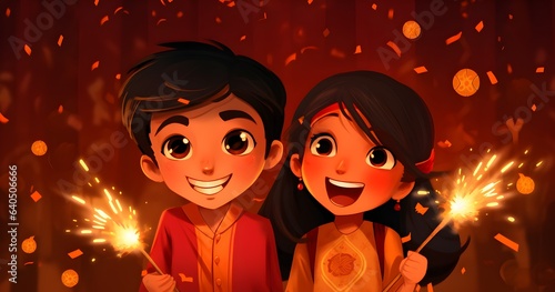 Happy diwali boy and girl fire crackers with fun, Happy diwali festival holiday background Generative AI