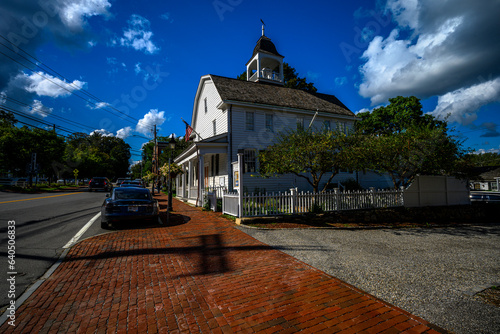 Sticker Old Post Road in Bedford Village Historic District on a sunny summer day; Bedfor