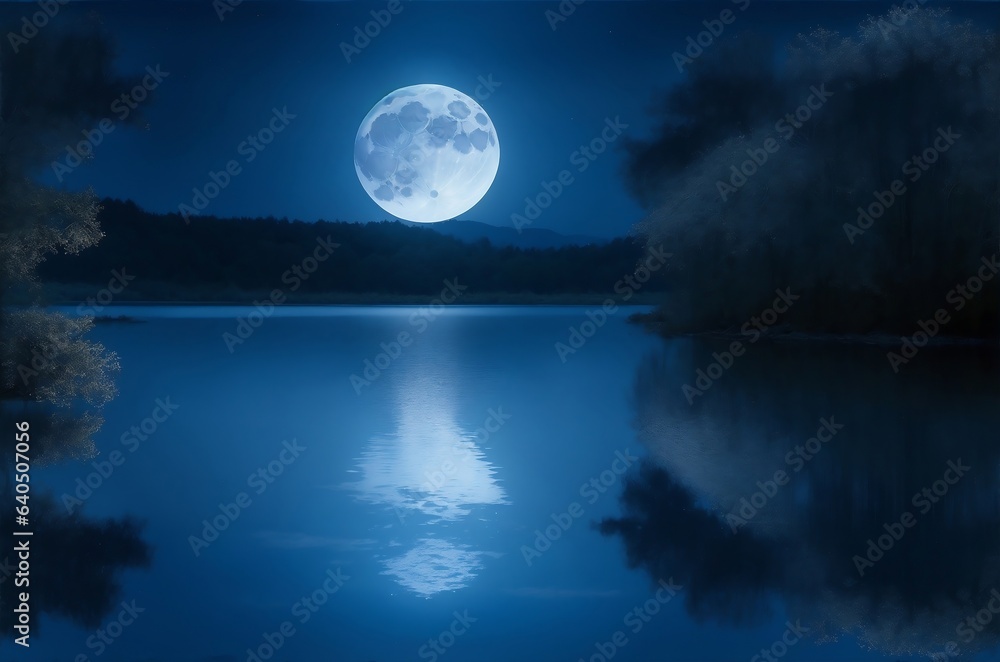 Naklejka premium A midnight blue moon rising over a tranquil lake, its reflection shimmering in the still water.Created with generative AI