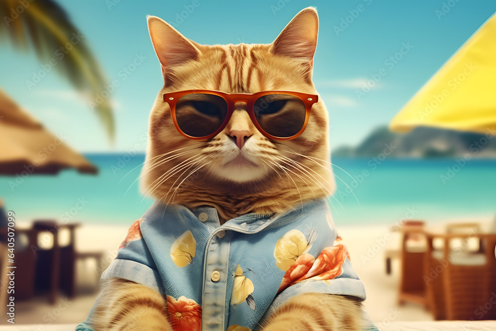 Cat in beach clothes and beach style Made with Generative AI