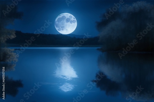 A midnight blue moon rising over a tranquil lake, its reflection shimmering in the still water.Created with generative AI