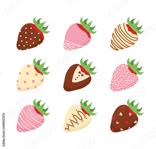 Strawberries in milk chocolate. Sweet dessert for Valentines day. Vector illustration in flat cartoon style.