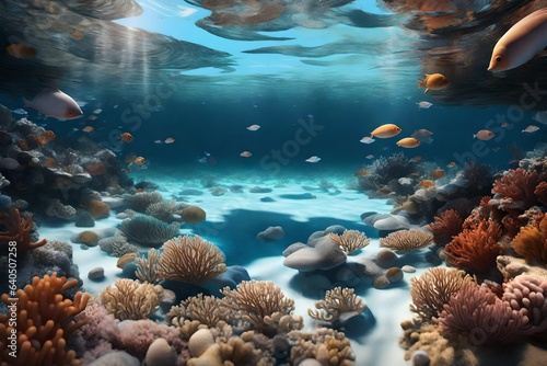 an enchanting 3D rendering scene of a beach with crystal-clear waters that invite underwater exploration.  © Ahtesham